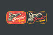 © salzcreative - Handheld grinder retro badge logo design set for workshop. Angle grinder tool vintage emblem illustration pack for industrial. Power grinder rustic patch element design for construction