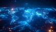 © Shousei - 青い背景の前に未来的な金融ホログラムが浮かび、発光する世界地図と金融ネットワークの光ラインが国際経済データ解析を象徴的に可視化。AIがグローバル指標を解析する様子をホログラムで表現し、デジタル粒子が高精細なテクノロジー感を演出。
