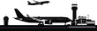 © Sumon Creative - Airport runway scene with airplane taking off, aircraft parked, control tower and radar building in detailed silhouette vector illustration