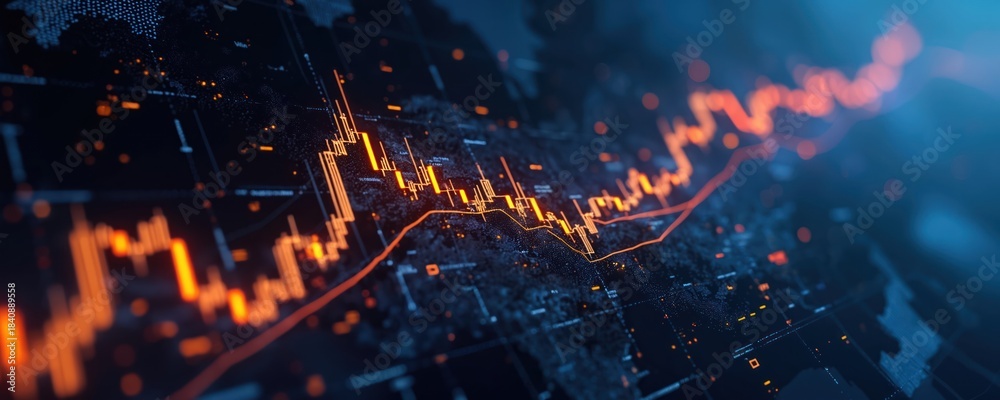 Digital stock market graph shows candlestick chart with rising trend ...