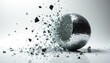 © Maryna - Shattered disco ball is breaking apart into many small fragments. Pieces scatter across reflective white surface against soft grey background. Scene conveys sense of destruction or fragmentation.