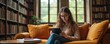© Maryna - Young woman with glasses uses tablet device while sitting on sofa in library. She studies near bookshelves and large window with green view. Online education concept.