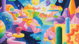 Vibrant crayon drawing of sci fi landscape featuring colorful planets, abstract shapes, and whimsical structures, evoking sense of wonder