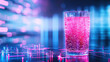 © Somporn Na Ubon - Vibrant glass of pink drink with bubbles sits against futuristic, colorful background filled with glowing lights and digital patterns