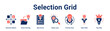 © oka - Selection Grid web banner icon vector illustration concept for business with icon of Decision Matrix, Smart Sorting, Idea Score, Value Lens, Priority Gear, Idea Filter.