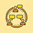 © MHOI - Three stylized figures in a circular network exchanging yellow speech bubbles on warm beige backdrop