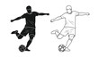 © rsvect02 - a comparative illustration showcases two dynamic soccer players in action one depicted in solid black silhouette and the other as a white line drawing kicking