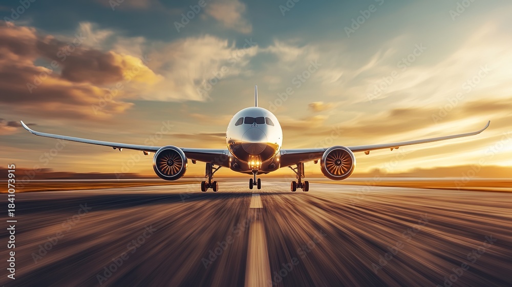 aerodynamics. Commercial airplane taking off with motion blur and ...