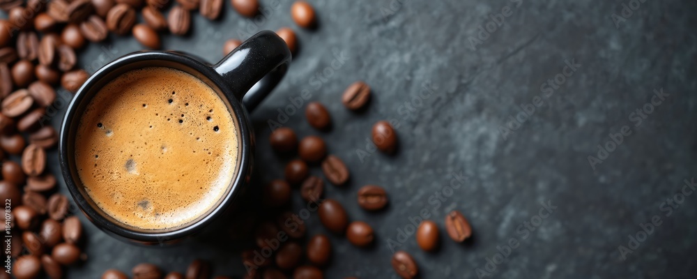 Black mug filled with fresh espresso and rich foam sits on dark stone surface surrounded by roasted coffee beans. A warm morning beverage provides energy and aroma.