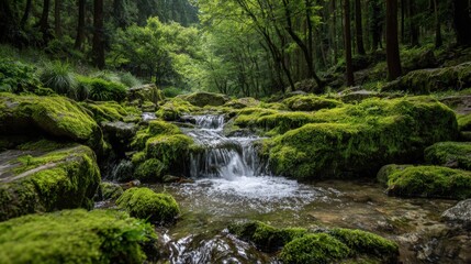  Lush Green Forest Stream Flowing Over Mossy Rocks, Creating a Refreshing and Tranquil Scene
