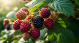 Close-up of ripe and unripe raspberries on a bush.