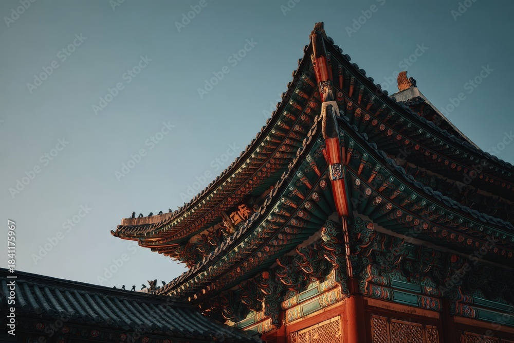 Traditional Asian architecture featuring ornate roof details, vibrant colors, and intricate carvings against a clear sky, showcasing cultural heritage and craftsmanship in design