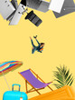 © master1305 - Digital artwork of woman falling between floating office items and beach vacation objects. Concept of remote flexibility, spontaneous breaks, digital freedom moments, energizing lifestyle promotions.