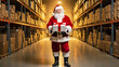 © Nim9ty  Pics - Happy Santa Claus holds gift in large warehouse getting christmas order ready for global dispatch and delivery