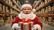 © Nim9ty  Pics - Happy Santa Claus in warehouse for christmas gift delivery fast order dispatch from large fulfillment center