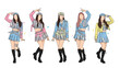 © Bening - Five dynamic Kpop girl group members strike vibrant performance poses in matching futuristic stage outfits