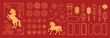 © TWINS DESIGN STUDIO - Chinese New Year horse element vector set. Gold decorative horse illustrations with lanterns, floral patterns, clouds and traditional Chinese line art on red background.