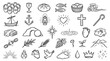 © David - Set of hand-drawn Christian religious symbols and biblical icons in a black and white doodle style, featuring a cross, fish, bread, dove, anchor, and empty tomb