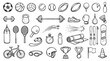 © David - Large collection of hand-drawn sports equipment and fitness icons in a black and white doodle style, including various balls, gym weights, rackets, and athletic accessories
