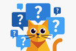 © Alva - An orange cartoon cat surrounded by blue speech bubbles with white question marks, symbolizing curiosity or confusion.