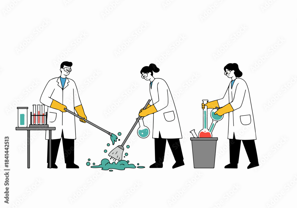 Scientists performing lab cleanup, handling chemical spills and ...