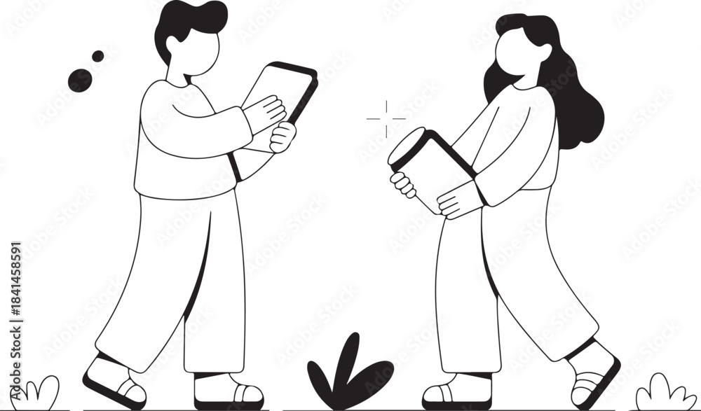 Two People Walking and Using Mobile Devices in Nature