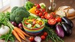 © Pixel - Fresh Produce Feast: A vibrant assortment of raw, healthy vegetables and fruits, artfully arranged on a rustic wooden table, embodies the essence of nourishment and well-being.