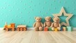 © Kittima - A whimsical playroom scene with teddy bears, a toy train, and building blocks, perfect for early childhood development promotions and children's event decorations.