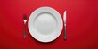 © The 2R Artificiality - Minimalist table setting with a white plate on a red background, suitable for UI background design