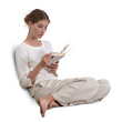 © Martin - Woman in white casual home outfit and reading a book sitting on an invisible sofa, isolated on white and transparent background
