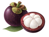Rich Purple Mangosteen Fruit with Whole Shell and Halved Piece Showing White Aril