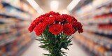 Red carnations on display at a supermarket, used for floral decoration during celebrations