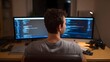 © Thares2020 - Over the shoulder view of a man deeply focused on programming his dual computer screens displaying lines of code in a dimly lit workspace at night
