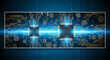 © Zamin - Stunning digital technology concept showcasing glowing blue data transfer across complex microchips on a futuristic circuit board backdrop