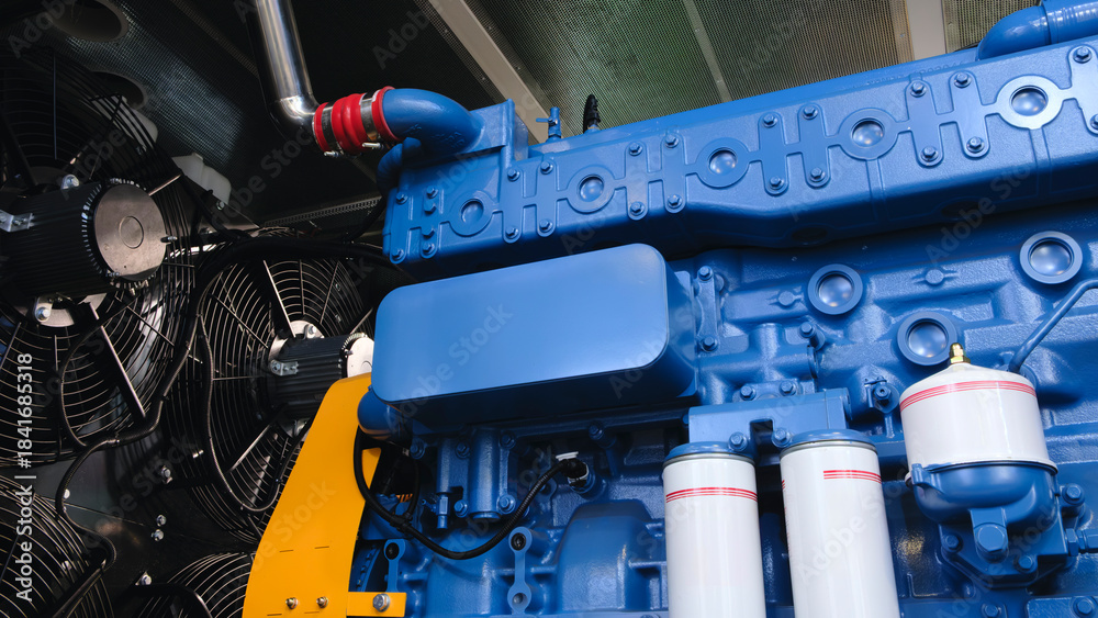Large piston gas engine electric generator with many valves and pipes ...