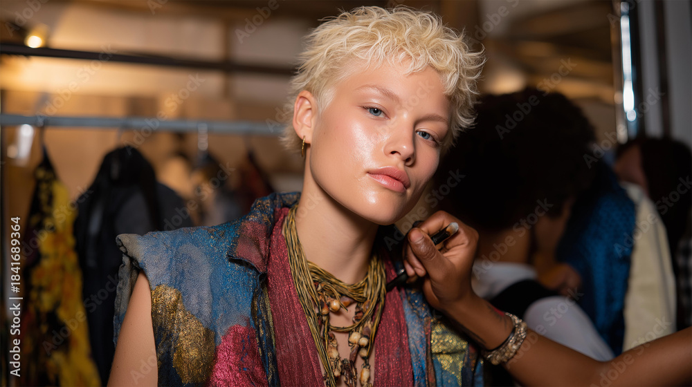 Foto de Stock A makeup artist backstage adding final shimmer to a model ...