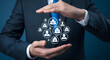 © Pixel Studio - Businessman in suit protecting network of people icons with his hands, symbolizing management and protection of team members in a corporate setting