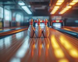 Three bowling pins stand on a polished bowling alley, orange-lit
