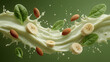© Kingdola - Explosive Smoothie Splash: Captivating visual of a refreshing smoothie blend, bursting forth with a symphony of flavors and textures, featuring fresh banana slices, wholesome almonds.