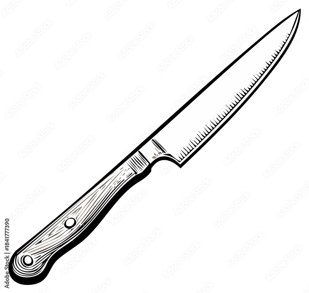 Vintage Chef's Knife with Wooden Handle Hand Drawn Sketch Black and White Illustration