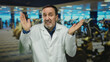 © Krakenimages.com - Mature man in a white coat gestures thoughtfully in a gym with exercise equipment visible, highlighting a reflective moment in a dynamic indoor sports center environment.