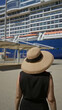 © Krakenimages.com - Woman in wide straw sunhat carrying a woven tote walking toward a docked cruise ship at a port; quiet anticipation.