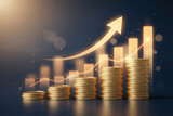Hyper-Realistic Investment Concept with Gold Coin Tower and Upward Profit Arrow on Dark Background