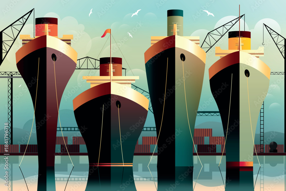 Loading and unloading cargo ships at a dock, with shipping containers and port cranes in the background. Handmade drawing vector illustration in Art Deco style.