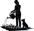 © MD MAHIN AHAMED JIM - A black silhouette illustration of a woman watering plants with her dog in a garden
