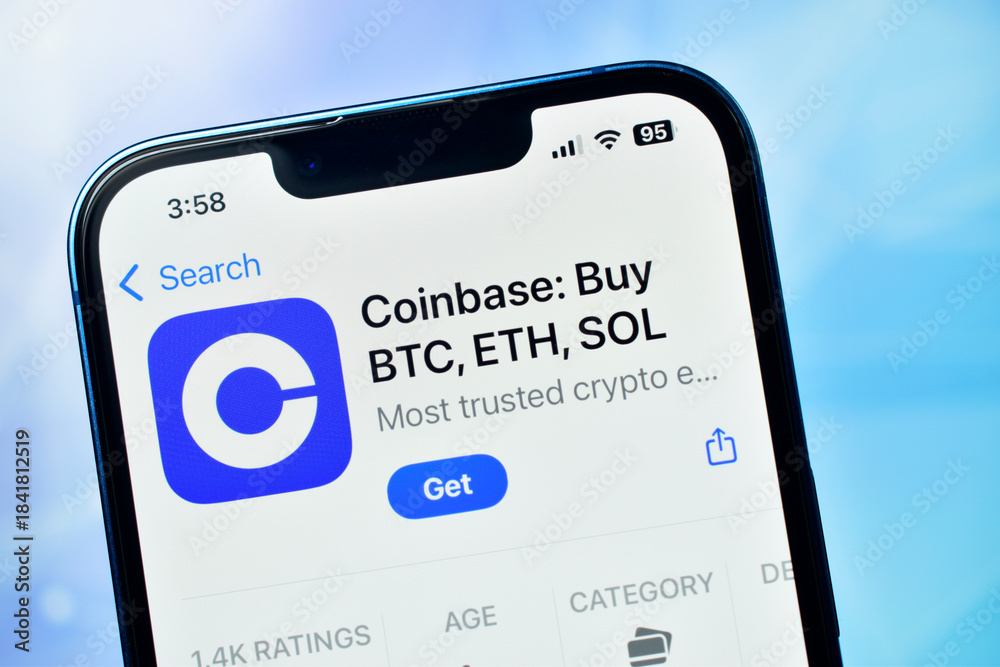 Closeup of coinbase cryptocurrency exchange app download page on modern ...