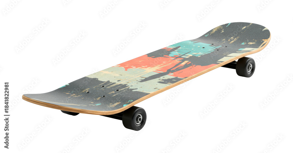 Modern skateboard with a vibrant abstract grunge design showcasing its unique graphic art and durable construction for urban sports and recreation.