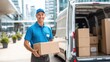 © ปฏิภาน ผดุงรัตน์ - A delivery person happily holding a package next to a van full of packages. Delivery of a package during the day, a portrait of a courier