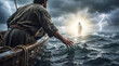 © PhotoGranary - Biblical scene of Peter reaching out from a boat on a stormy sea towards the glowing silhouette of Jesus walking on water. Concept of faith, trust and miracles in the New Testament.