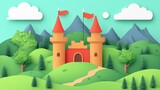 Cartoon castle in a landscape; whimsical; kids; background. Possible use children's book, animated movie, app icon, wallpaper
